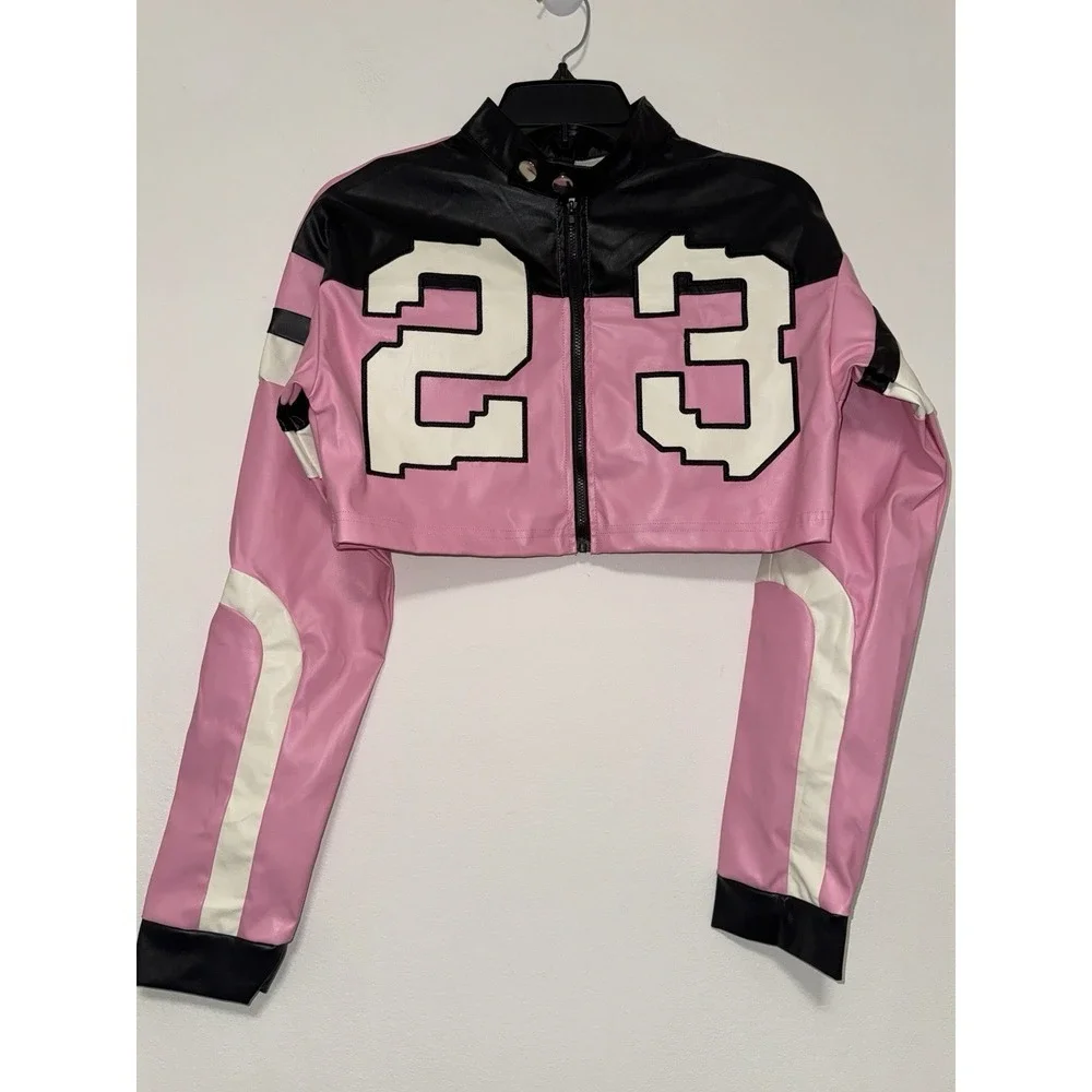 Leather Cropped Motorcycle Y2K Letter Bomber Jacket Size XS